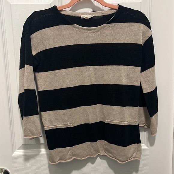 Eileen Fisher Petite Tan Black Stripe Linen Sweater - Picture 3 of 8